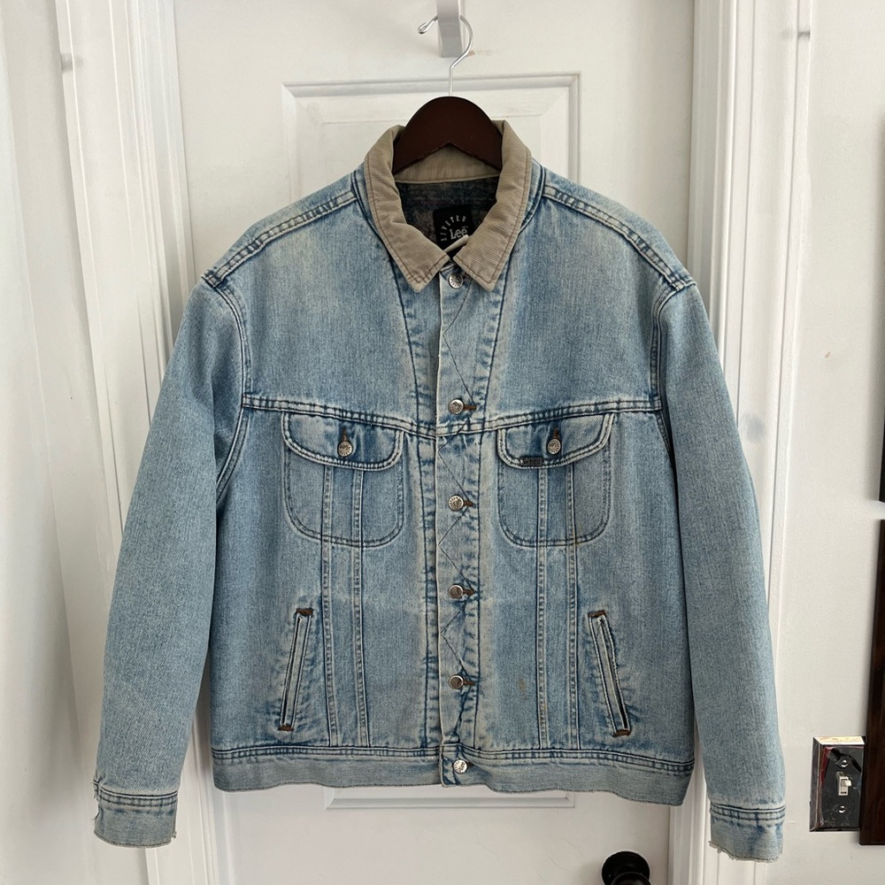 Vintage Lee Riveted Blanket-Lined‎ Denim Trucker Jacket Tan Corduroy Collar
